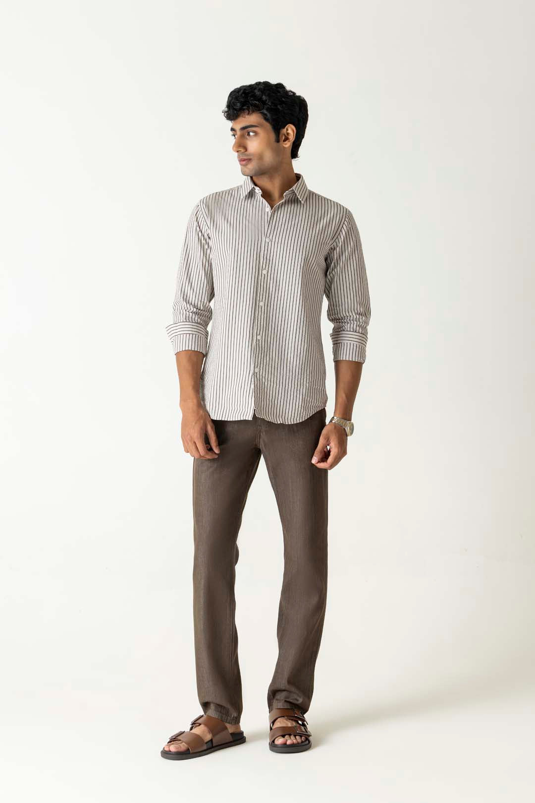 Grey and White Cotton Regular Fit Bold Stripe Full Sleeve Shirt