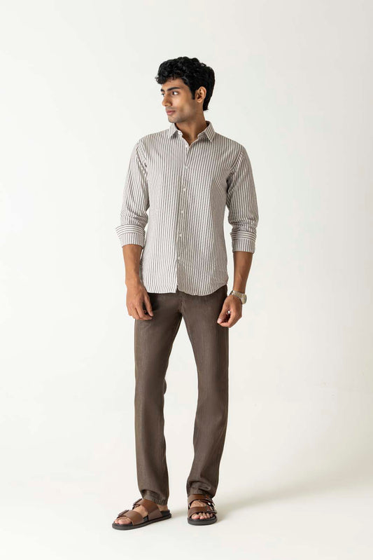 Grey and White Cotton Regular Fit Bold Stripe Full Sleeve Shirt