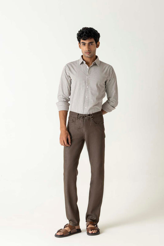 Solid Brown Cotton Lyocell Slim Straight Trousers