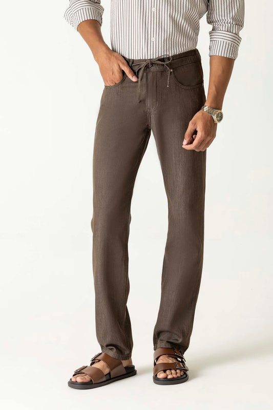 Solid Brown Cotton Lyocell Slim Straight Trousers
