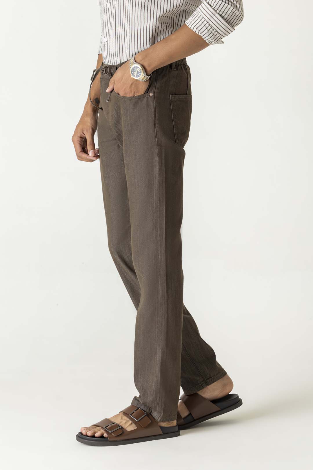 Solid Brown Cotton Lyocell Slim Straight Trousers