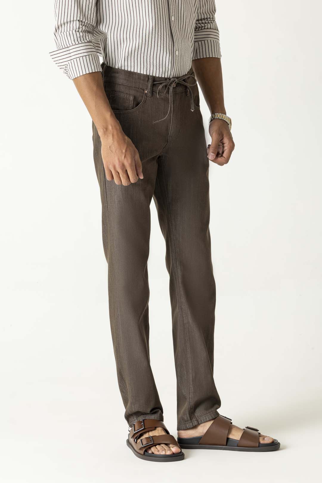 Solid Brown Cotton Lyocell Slim Straight Trousers