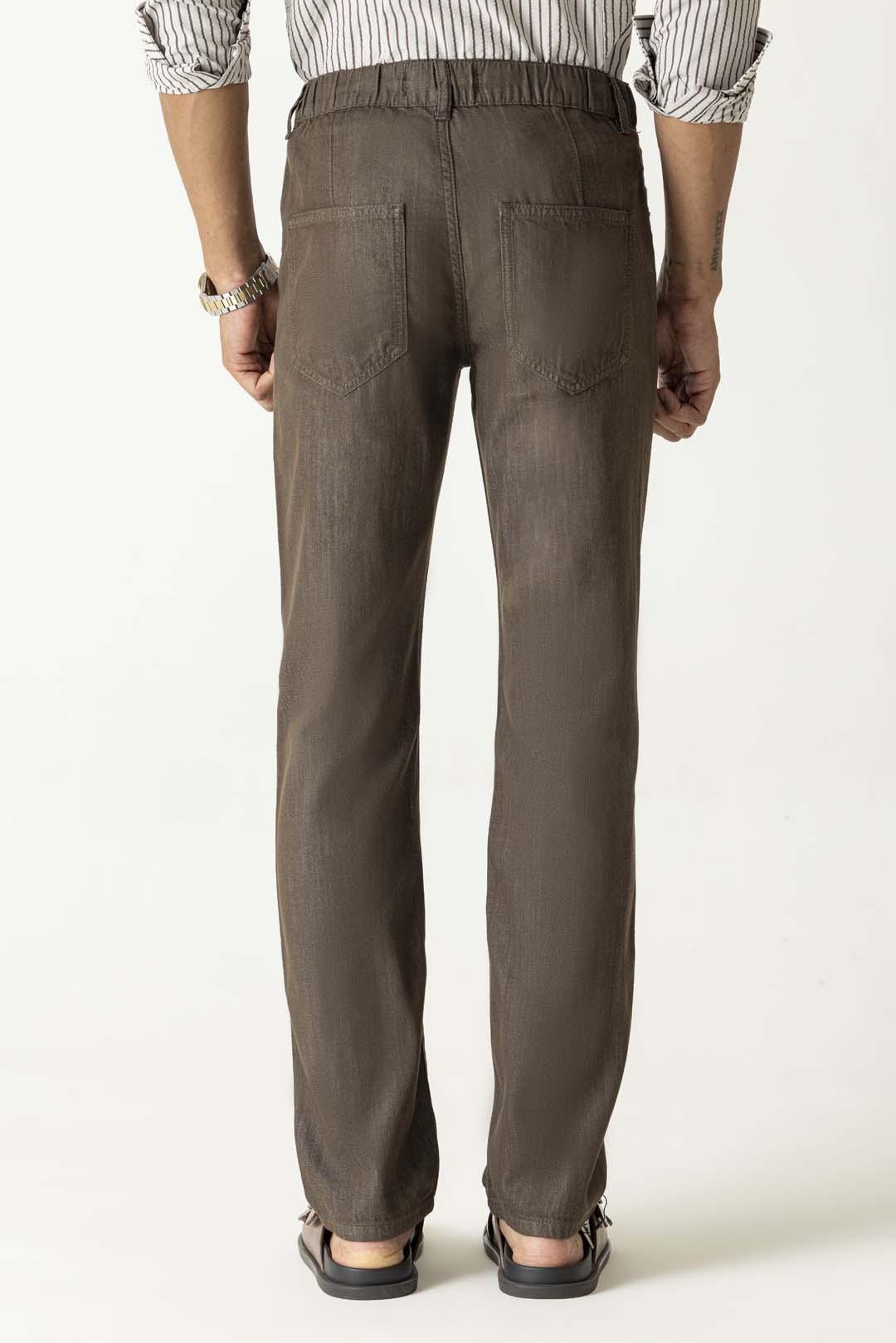 Solid Brown Cotton Lyocell Slim Straight Trousers
