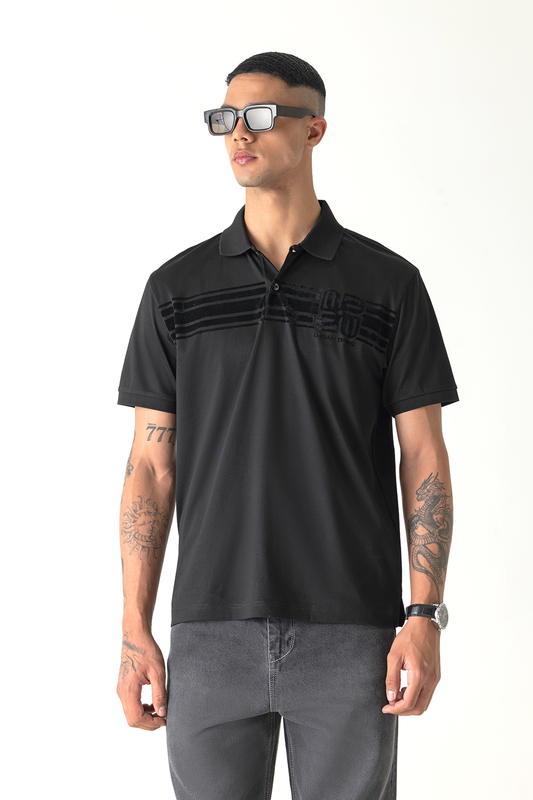Black Mercerised Cotton Regular Fit Flock Tonal Print Polo T-Shirt
