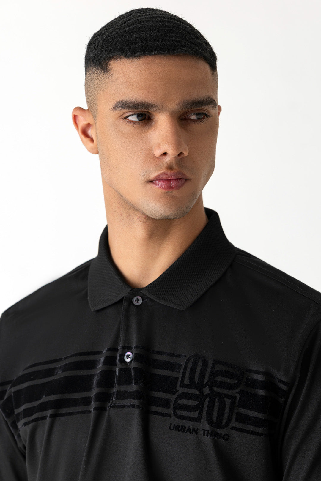 Black Mercerised Cotton Regular Fit Flock Tonal Print Polo T-Shirt