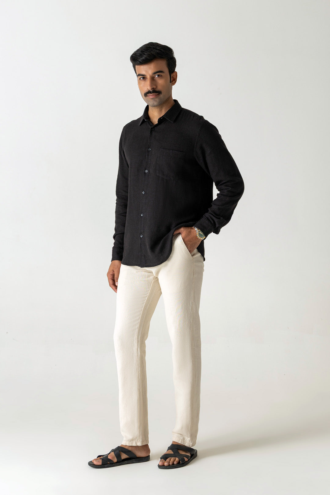 Solid Jet Black Linen Viscose Regular Fit Regular Collar Full Sleeve Shirt