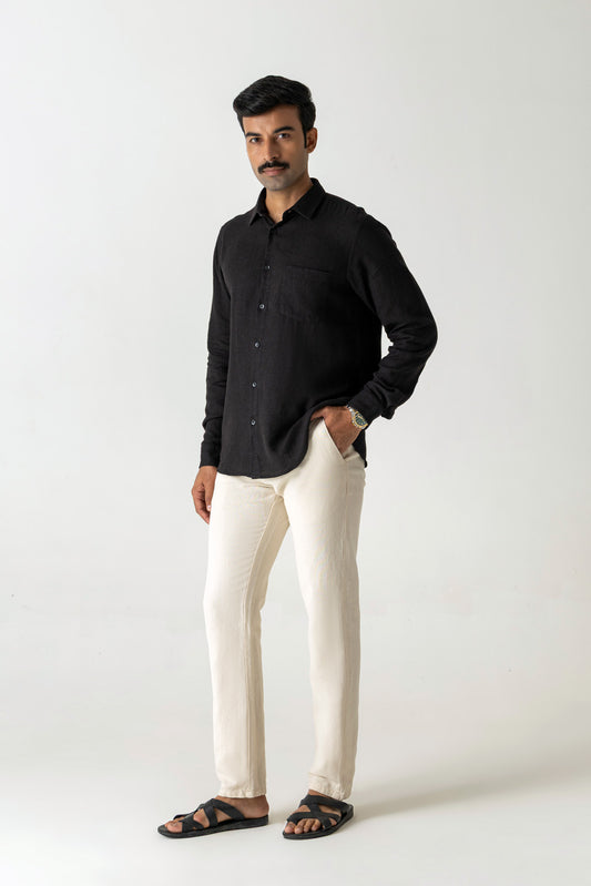 Solid Jet Black Linen Viscose Regular Fit Regular Collar Full Sleeve Shirt