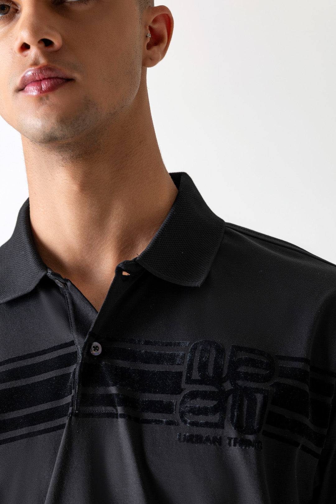 Black Mercerised Cotton Regular Fit Flock Tonal Print Polo T-Shirt