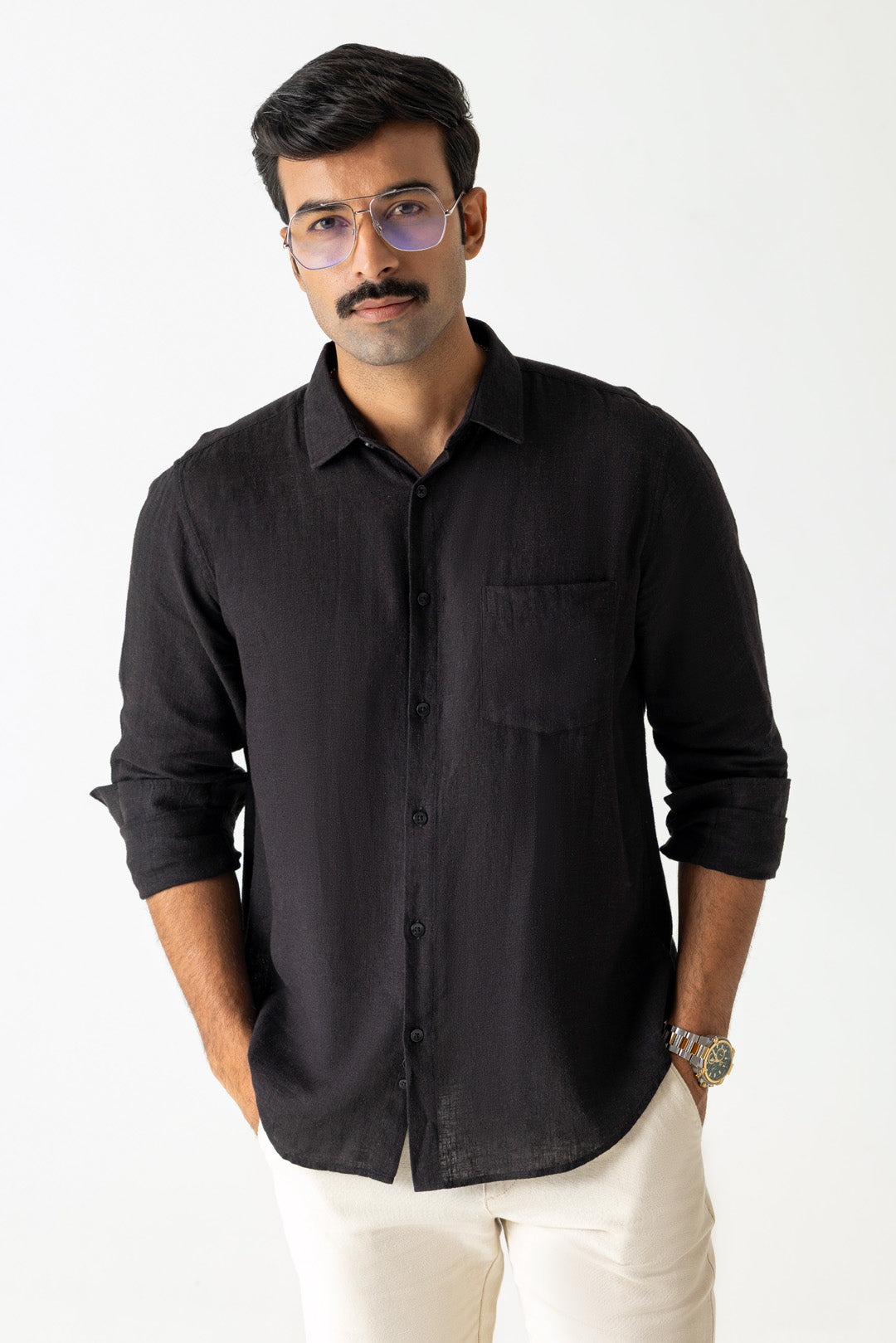 Solid Jet Black Linen Viscose Regular Fit Regular Collar Full Sleeve Shirt