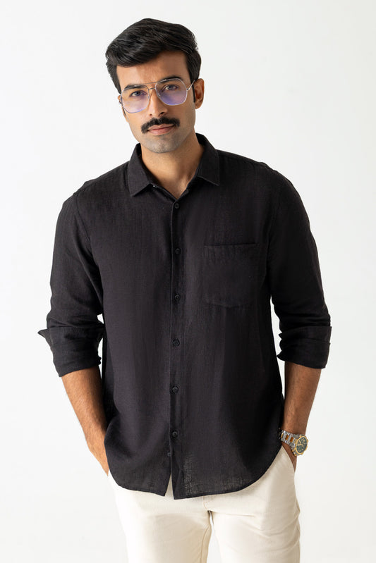 Solid Jet Black Linen Viscose Regular Fit Regular Collar Full Sleeve Shirt