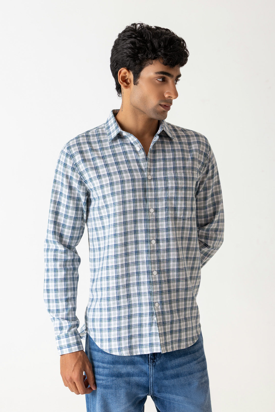 Navy Multi-Check Linen Poly Blend Regular Fit Full Sleeve Shirt