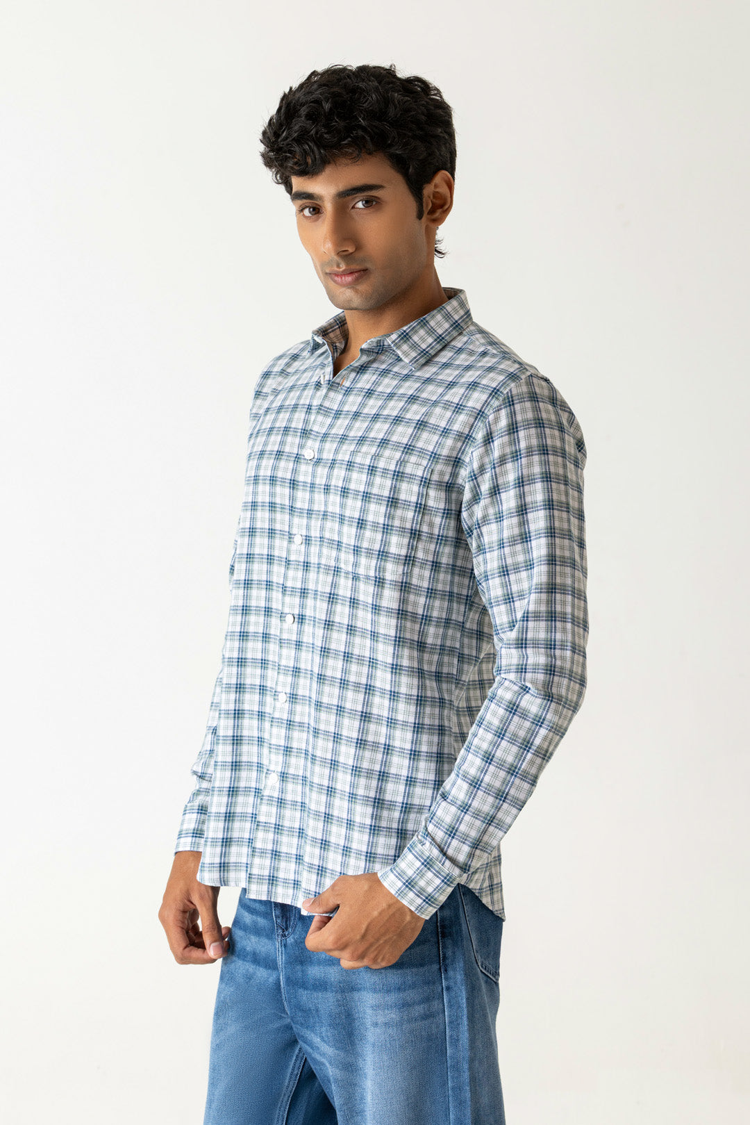 Navy Multi-Check Linen Poly Blend Regular Fit Full Sleeve Shirt