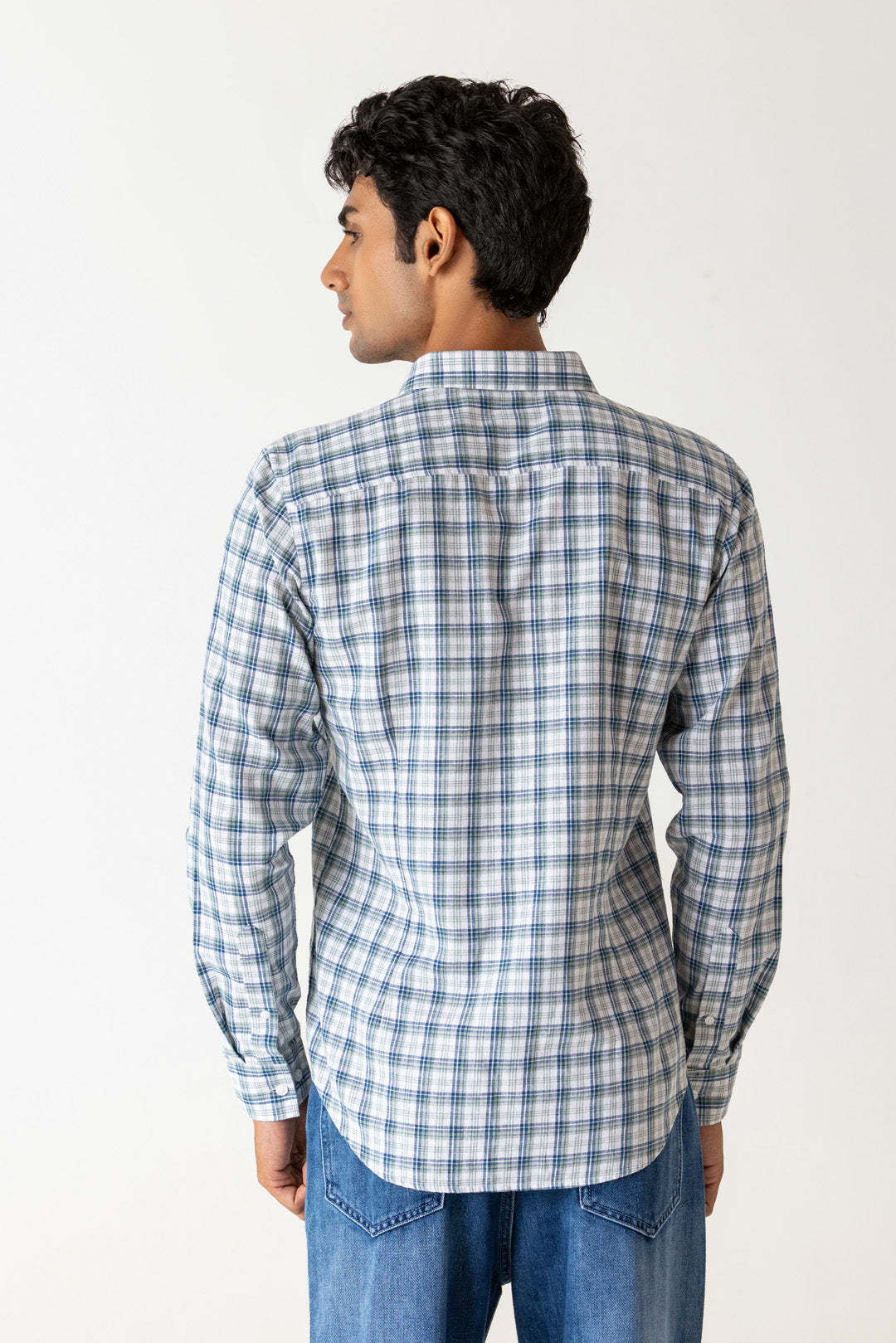 Navy Multi-Check Linen Poly Blend Regular Fit Full Sleeve Shirt