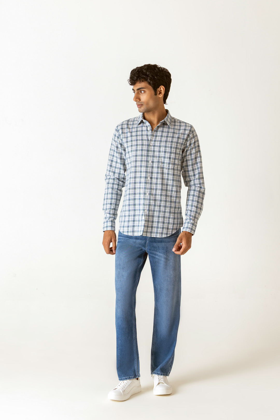 Navy Multi-Check Linen Poly Blend Regular Fit Full Sleeve Shirt
