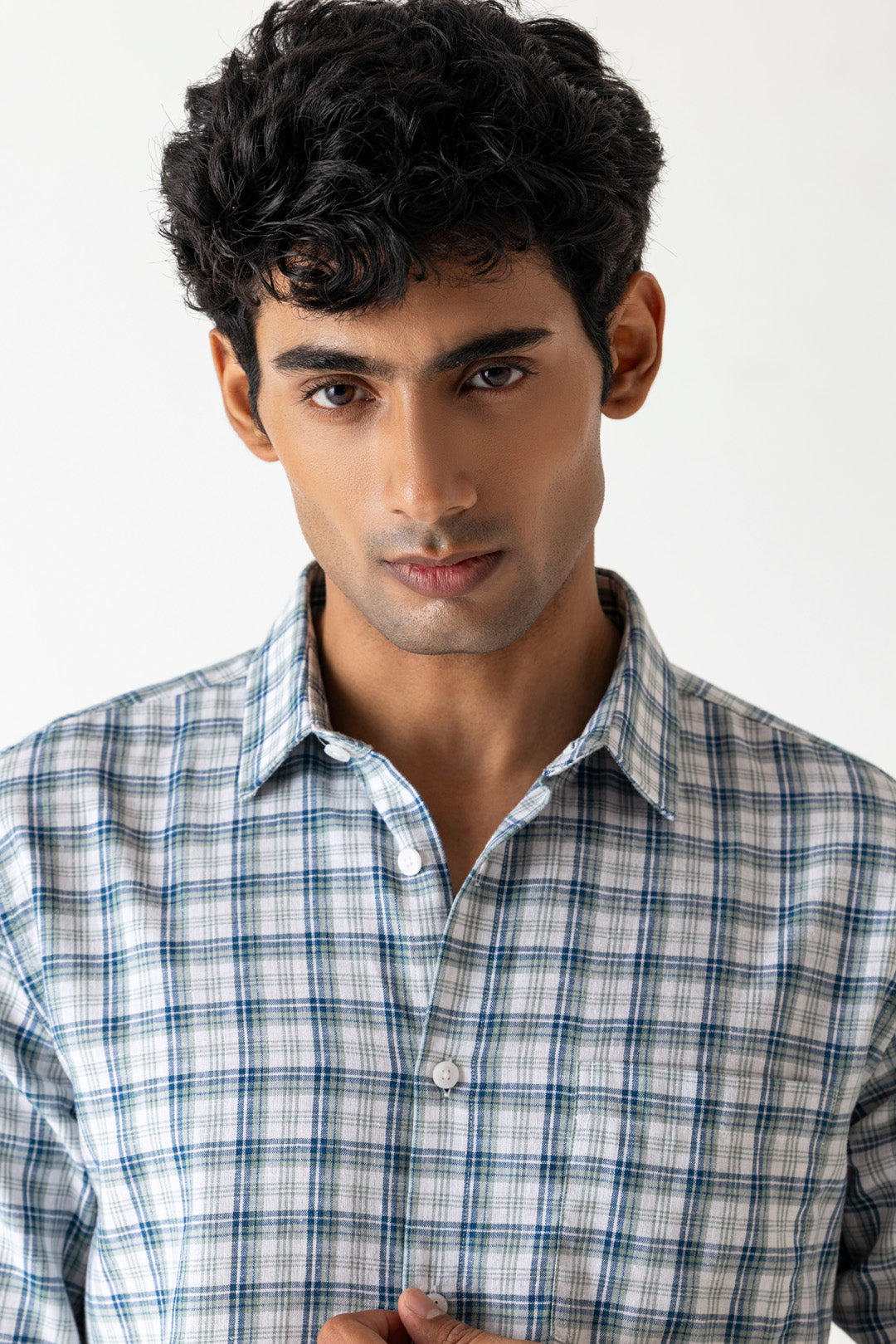 Navy Multi-Check Linen Poly Blend Regular Fit Full Sleeve Shirt
