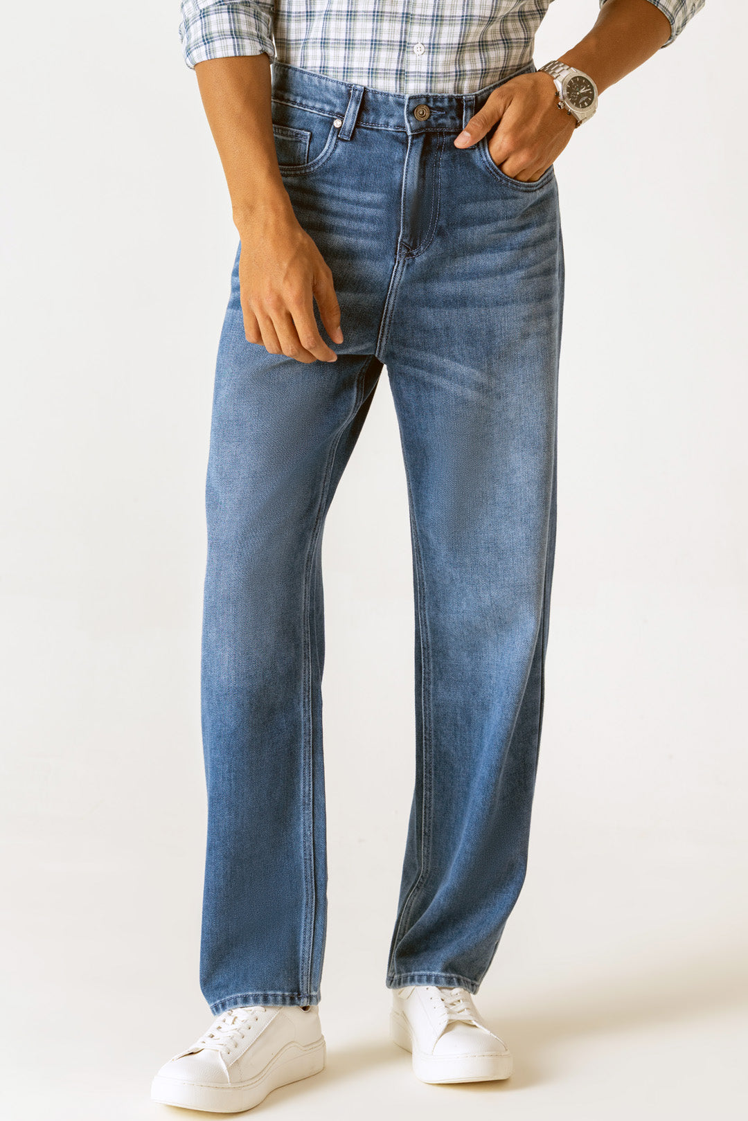 Dark Blue Cotton Lyocell Relaxed Straight Regular 5 Pocket Jeans