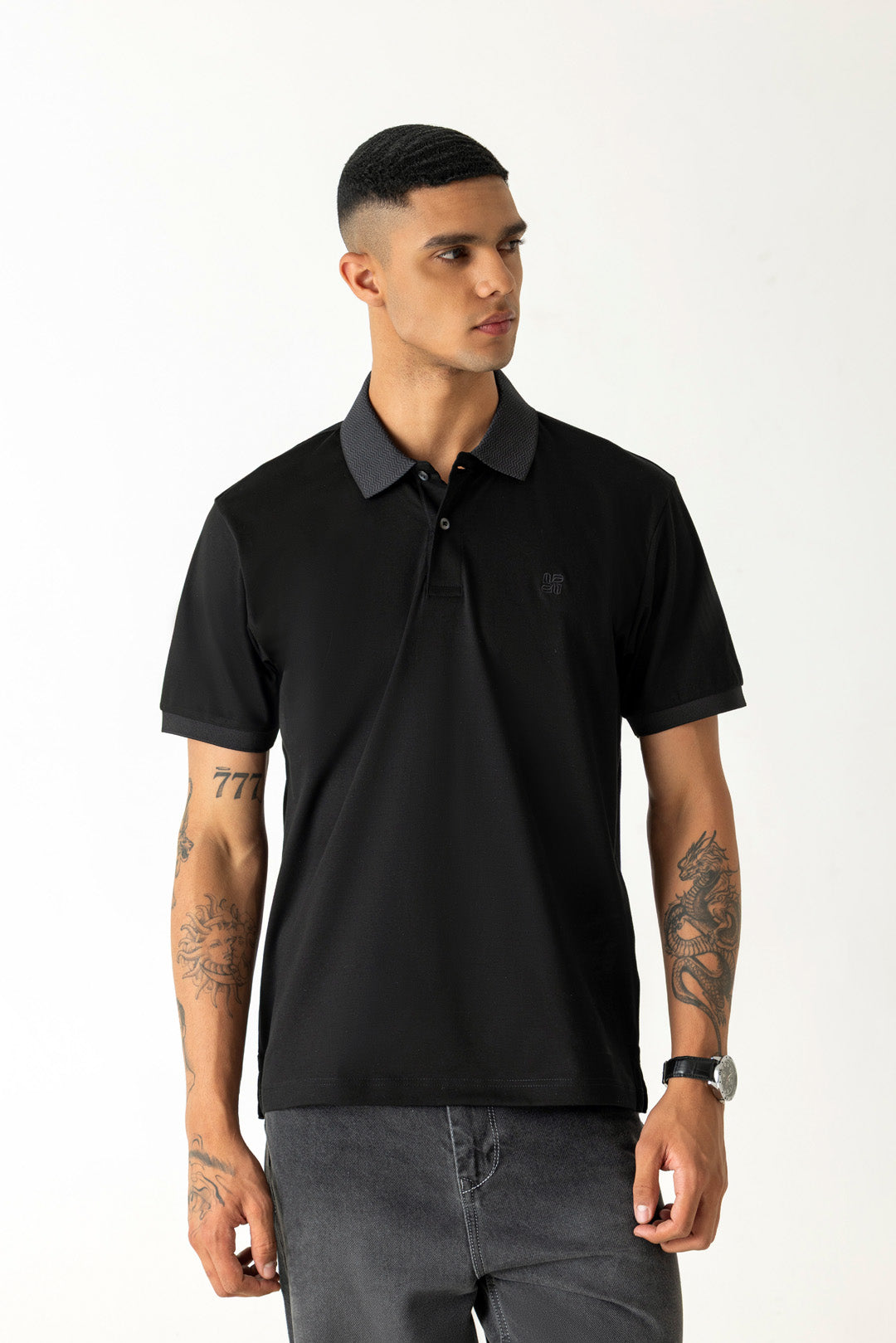 Black Mercerised Cotton Slim Fit Structured Collar Logo Embroidery Polo T-Shirt