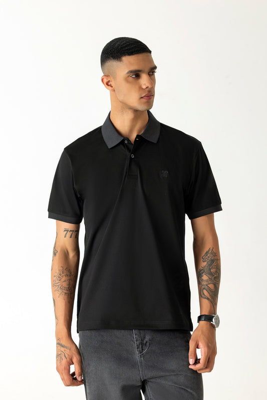 Black Mercerised Cotton Slim Fit Structured Collar Logo Embroidery Polo T-Shirt