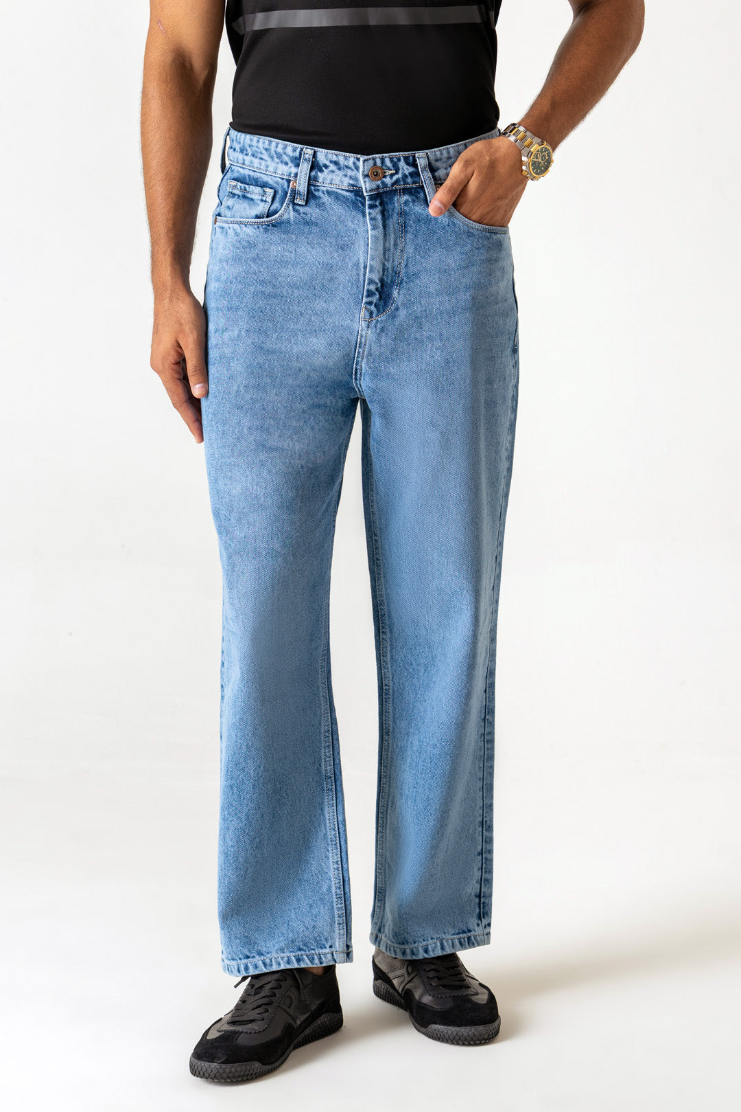Ice Blue Cotton Relaxed Straight Jeans