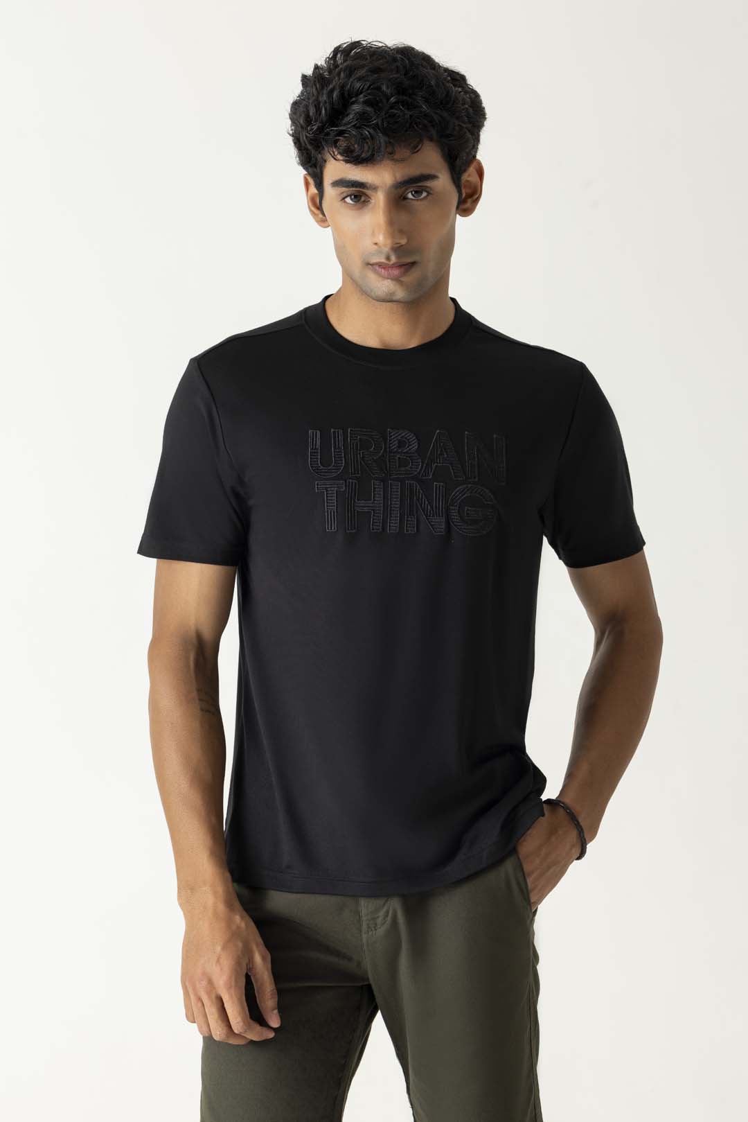 Black Viscose Blend Tonal Embroidery Branding Crew Neck T-Shirt