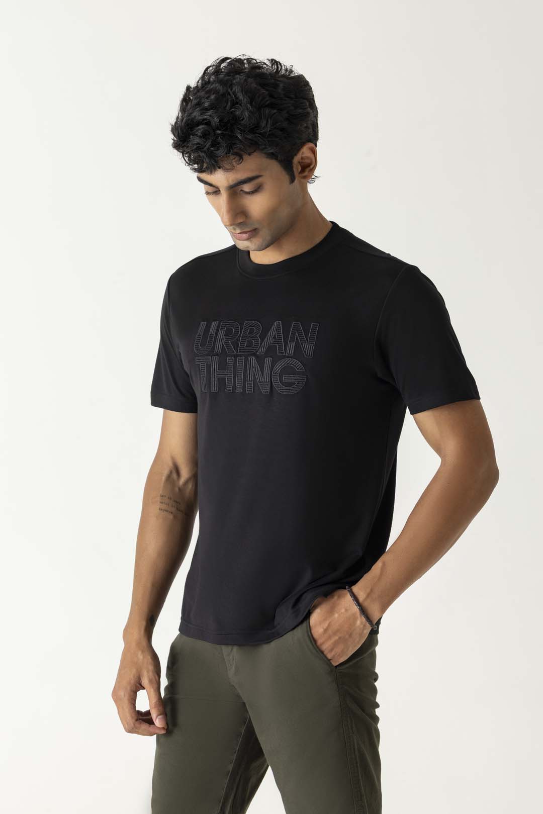 Black Viscose Blend Tonal Embroidery Branding Crew Neck T-Shirt