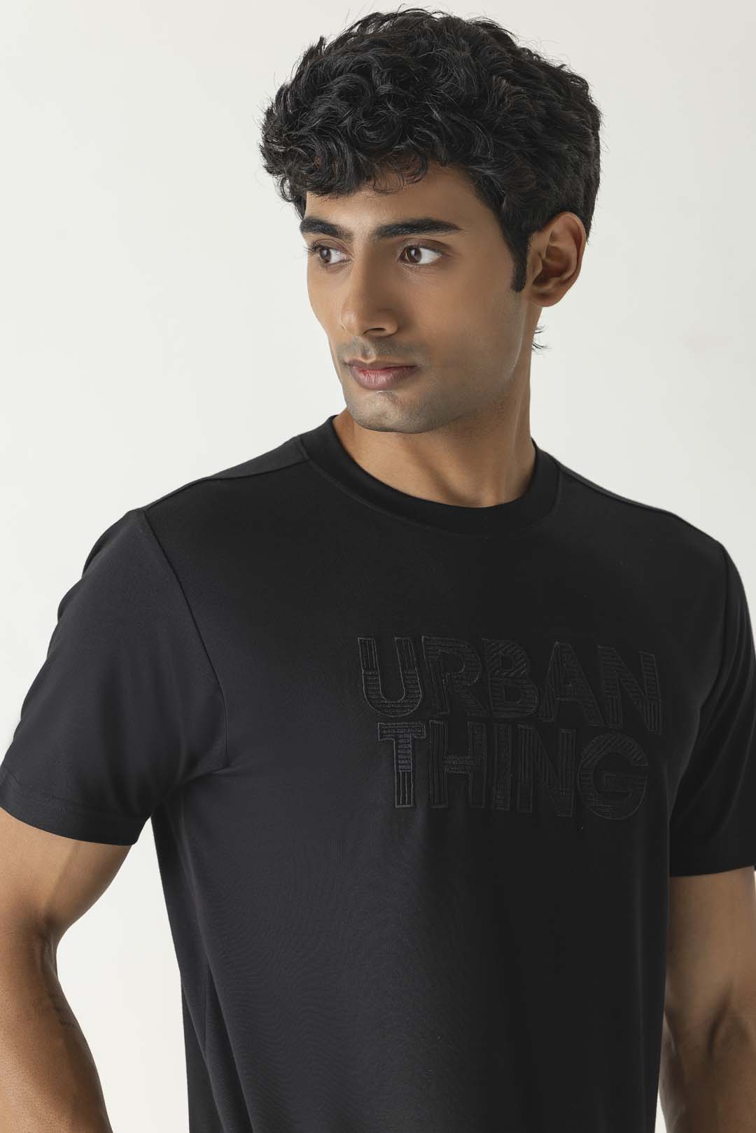 Black Viscose Blend Tonal Embroidery Branding Crew Neck T-Shirt