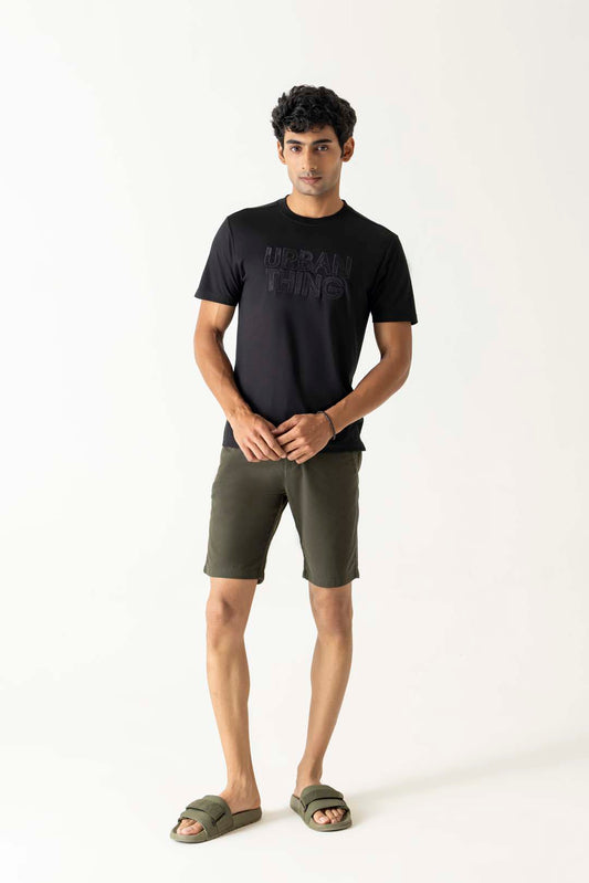 Black Viscose Blend Tonal Embroidery Branding Crew Neck T-Shirt