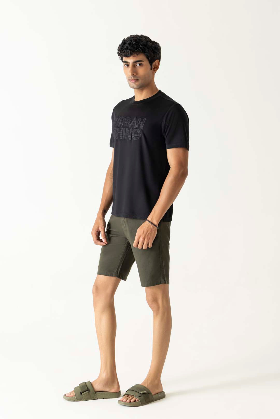 Half Belt Drawstring Dark Olive Cotton Shorts