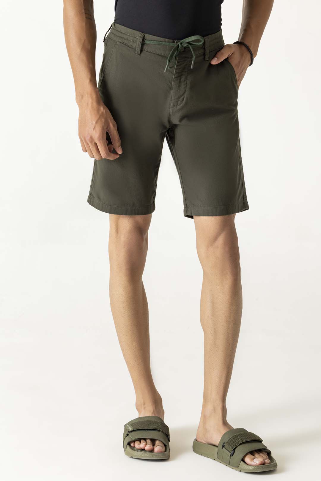 Half Belt Drawstring Dark Olive Cotton Shorts