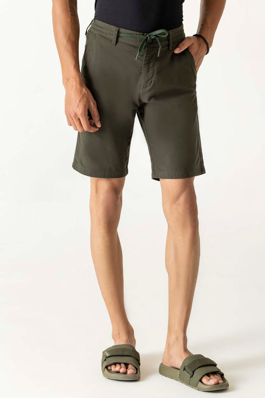 Half Belt Drawstring Dark Olive Cotton Shorts