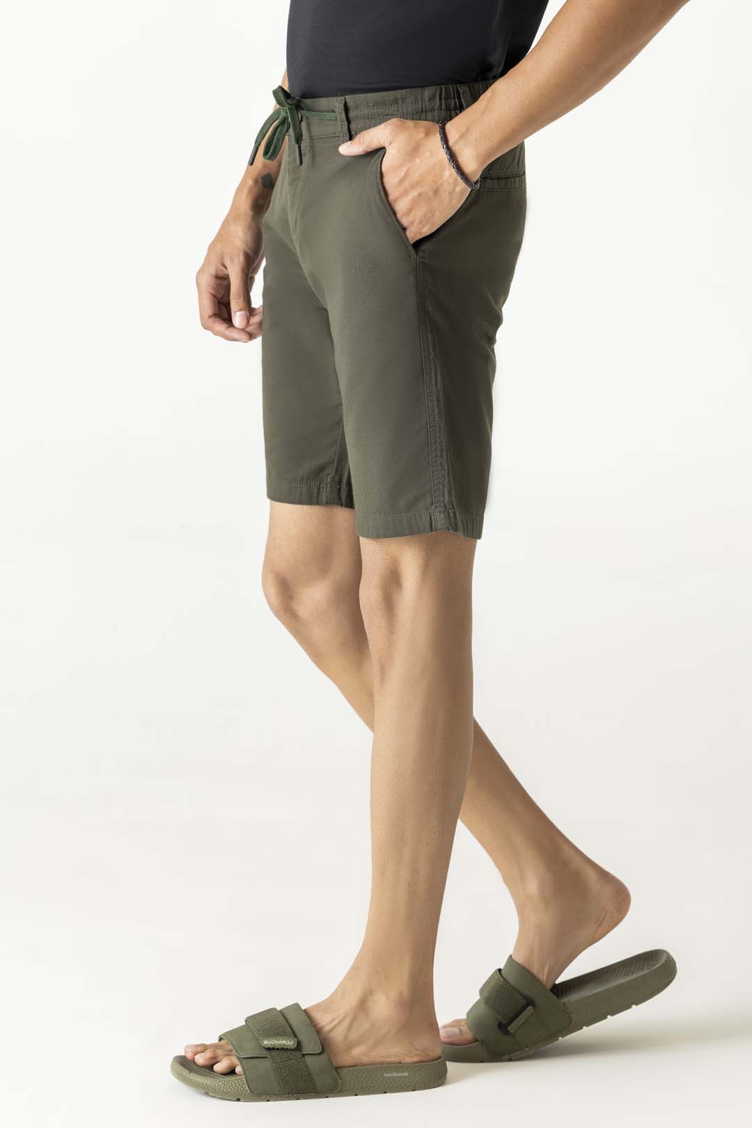 Half Belt Drawstring Dark Olive Cotton Shorts