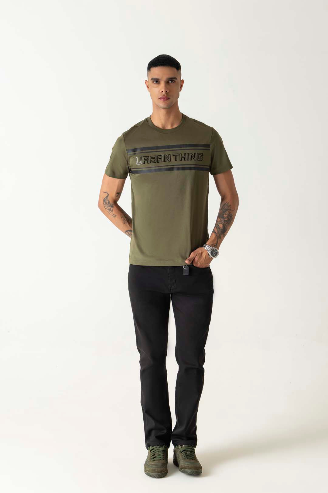 Gel Print Branding Night Olive Mercerised Crew Neck T-Shirt