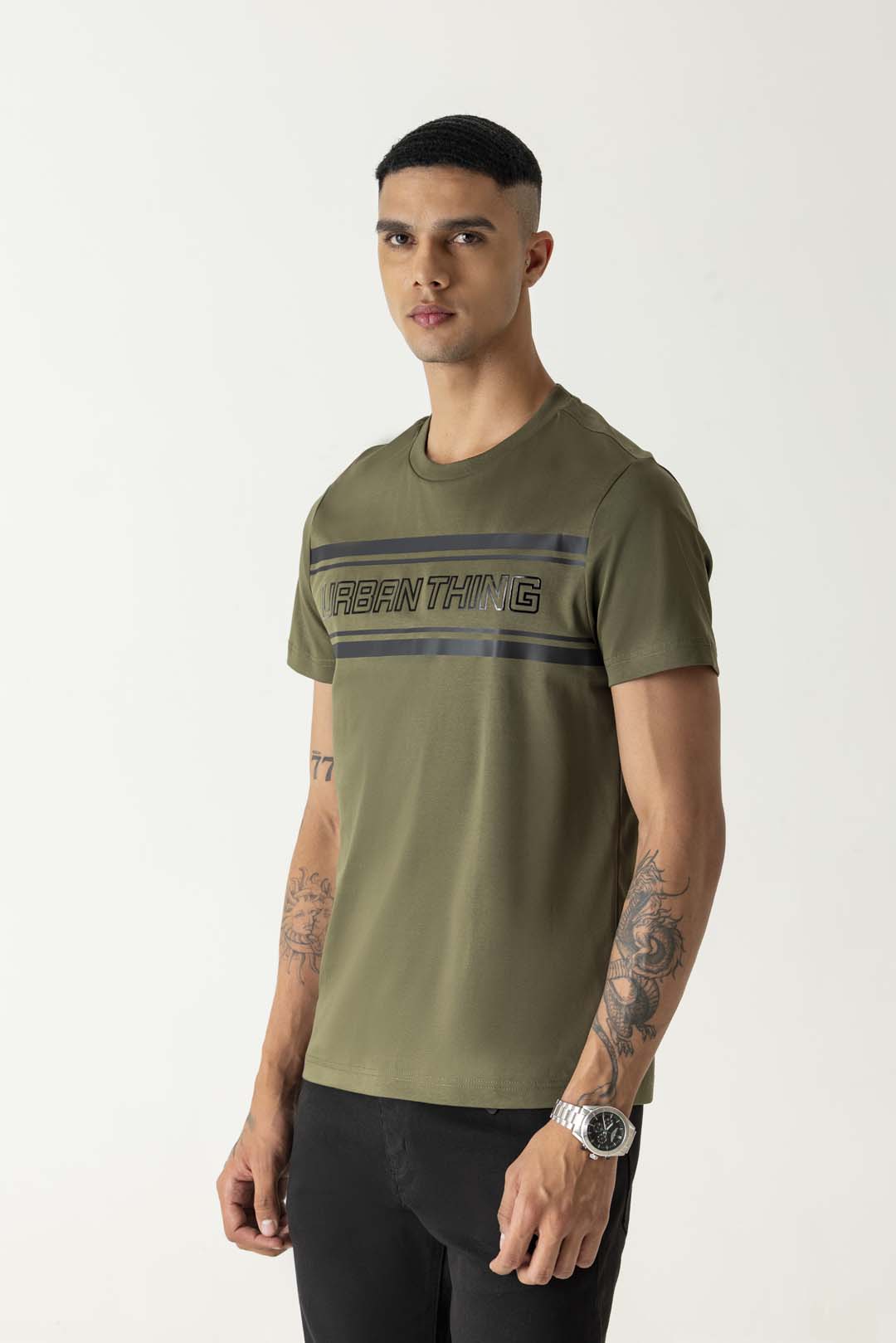 Gel Print Branding Night Olive Mercerised Crew Neck T-Shirt