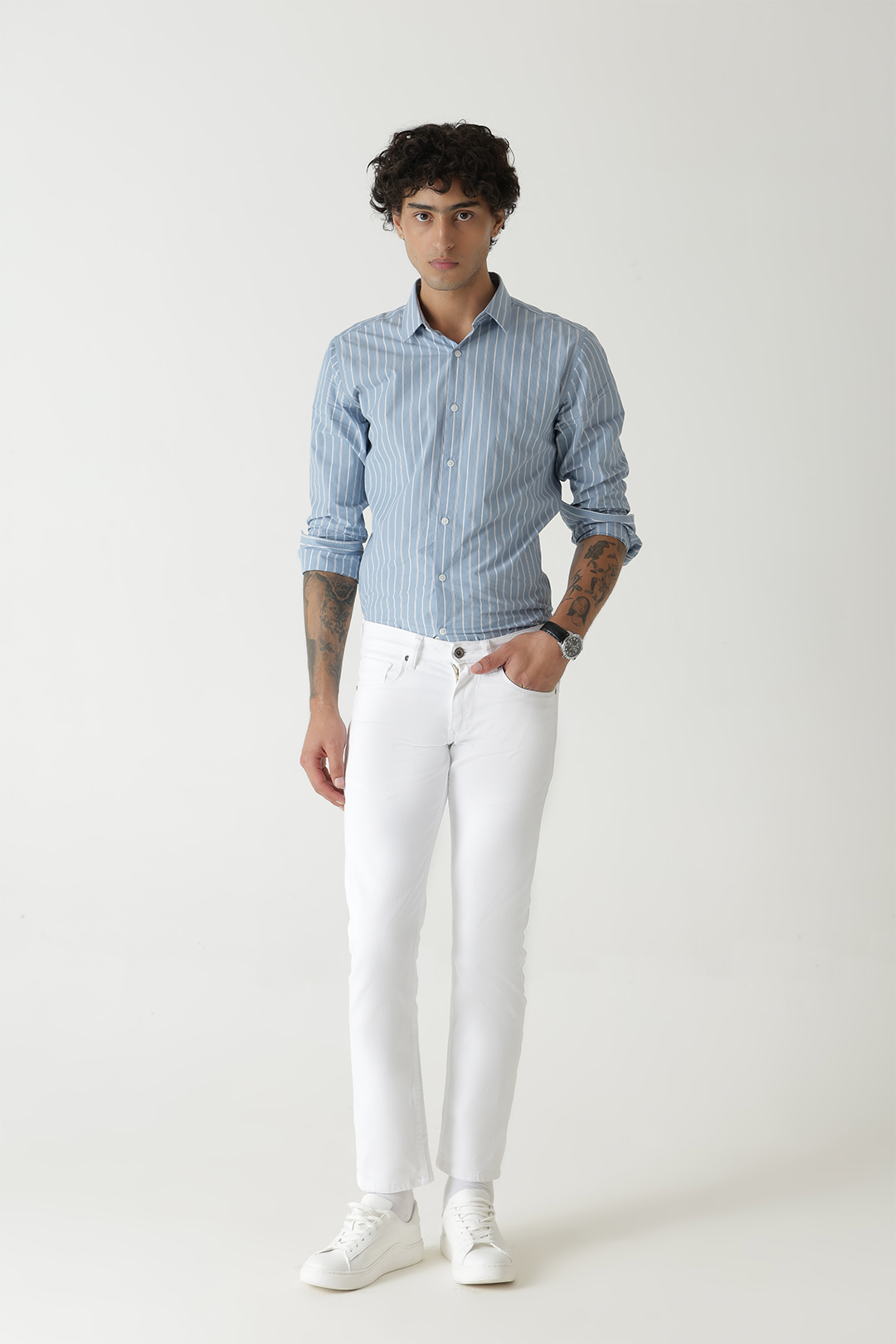 Cotton Twill White Loose Ankle 5 Pocket Jeans