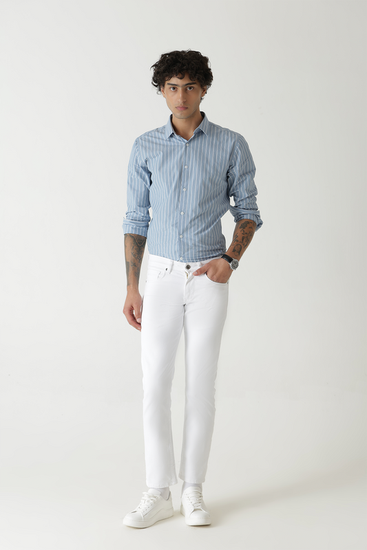 Cotton Twill White Loose Ankle 5 Pocket Jeans