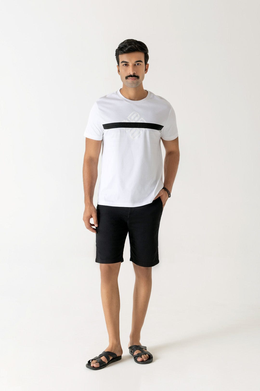 Mercerised White Cotton Black Tape Branding Crew Neck T-Shirt
