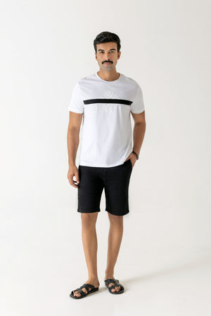 Mercerised White Cotton Black Tape Branding Crew Neck T-Shirt