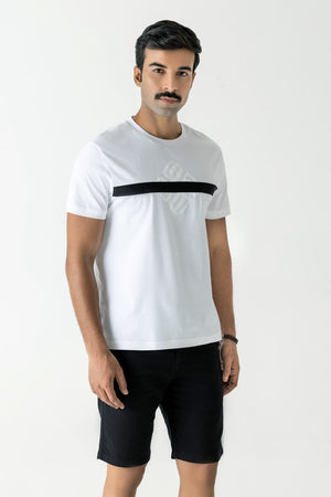 Mercerised White Cotton Black Tape Branding Crew Neck T-Shirt