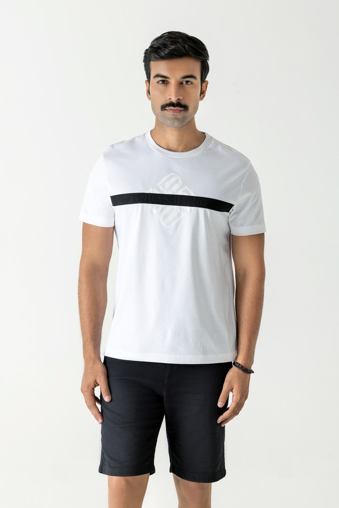 Mercerised White Cotton Black Tape Branding Crew Neck T-Shirt