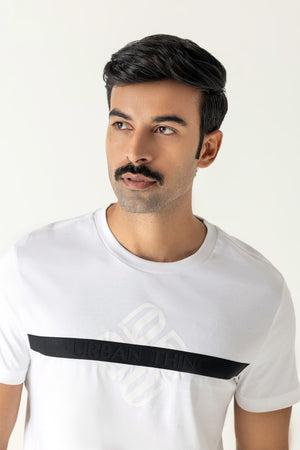 Mercerised White Cotton Black Tape Branding Crew Neck T-Shirt
