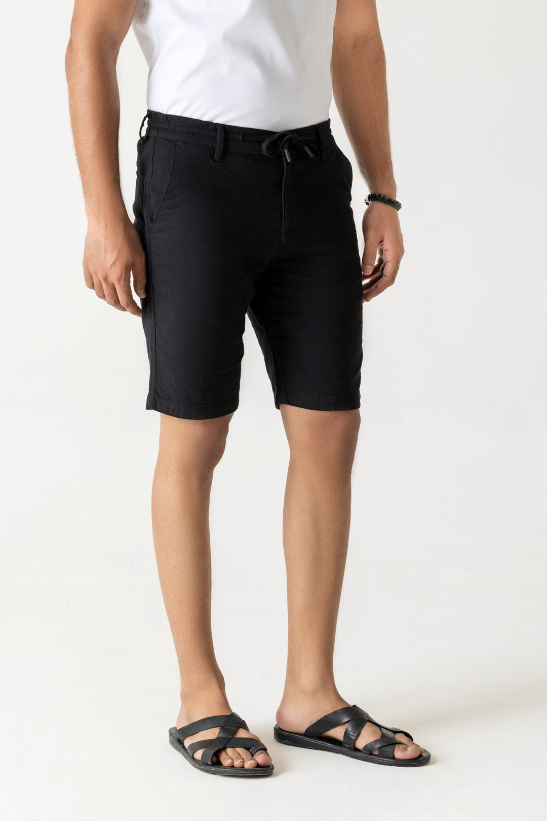 Cotton Double Cloth Black Drawstring Shorts