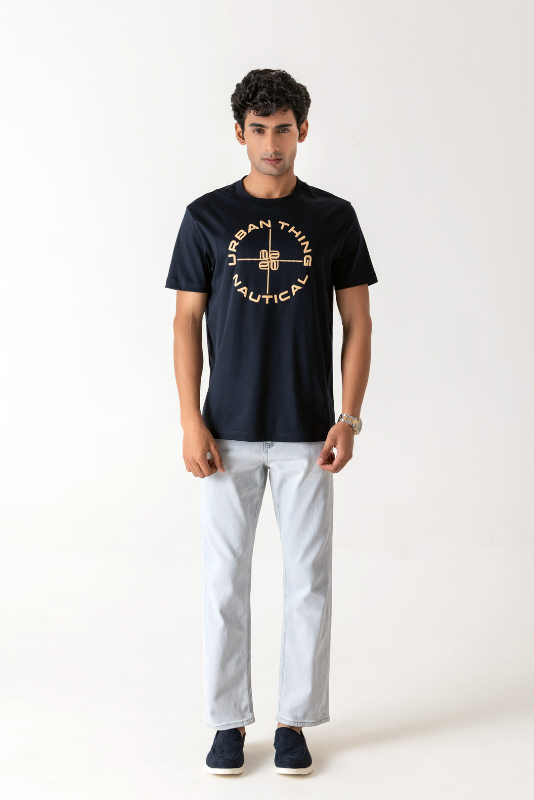 Mercerised Cotton Navy Nautical Crew Neck T-Shirt