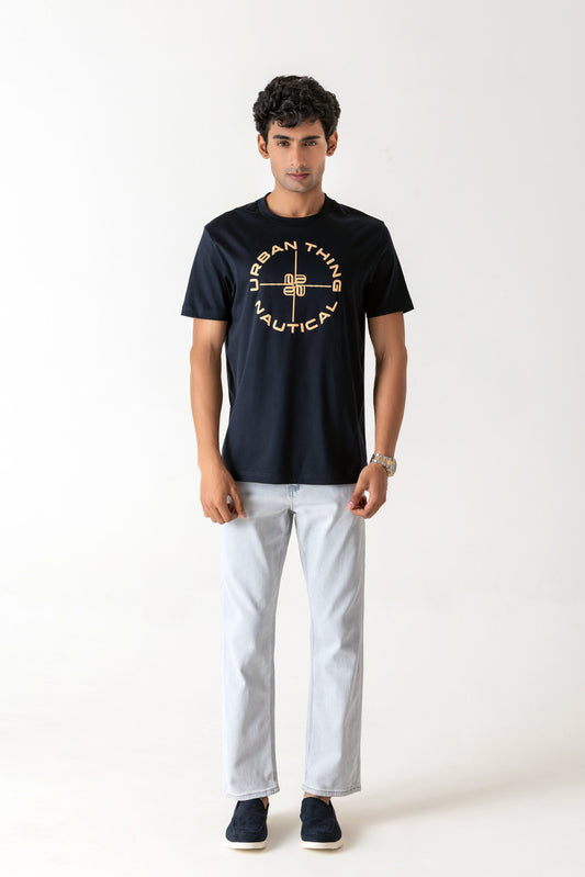 Mercerised Cotton Navy Nautical Crew Neck T-Shirt