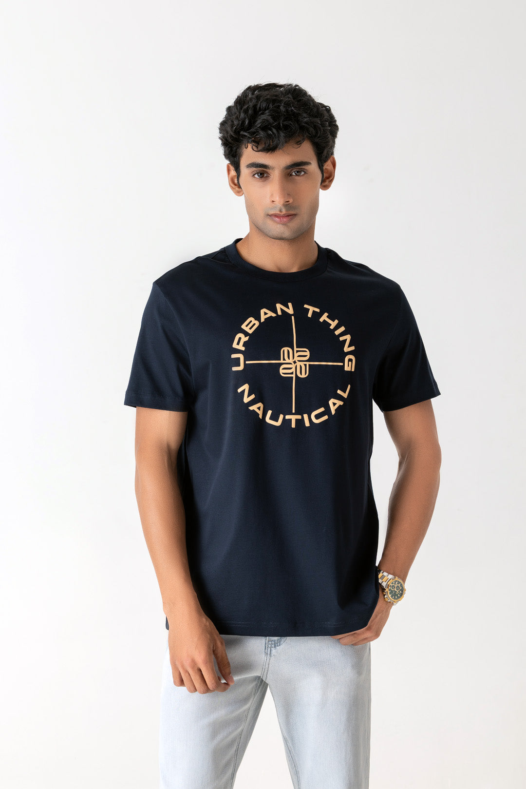 Mercerised Cotton Navy Nautical Crew Neck T-Shirt