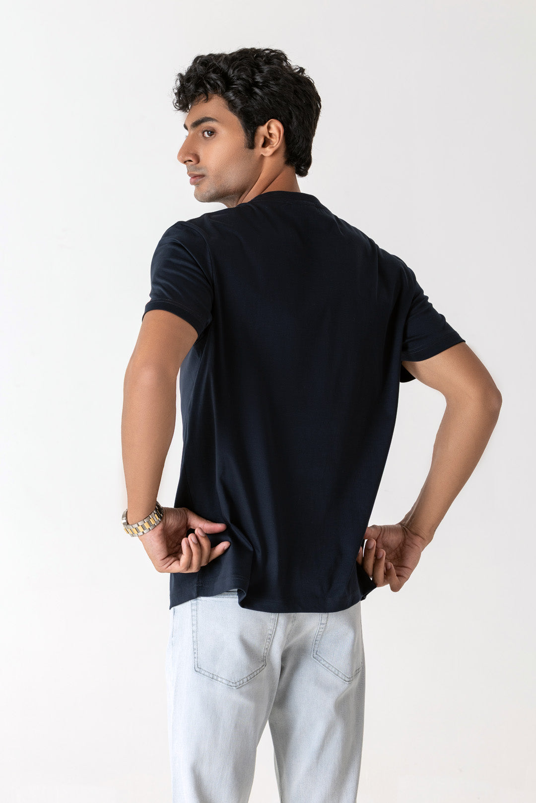 Mercerised Cotton Navy Nautical Crew Neck T-Shirt
