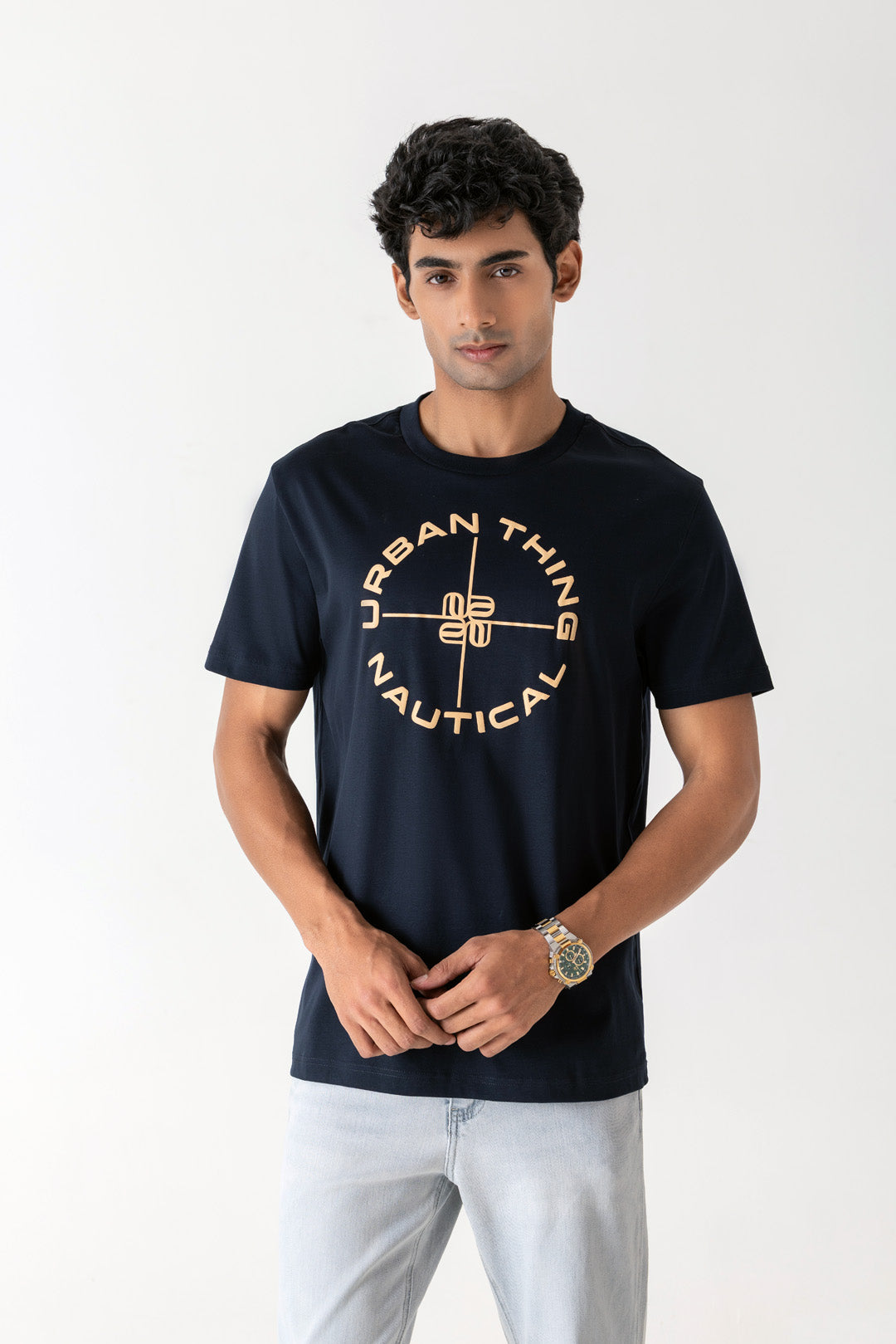 Mercerised Cotton Navy Nautical Crew Neck T-Shirt