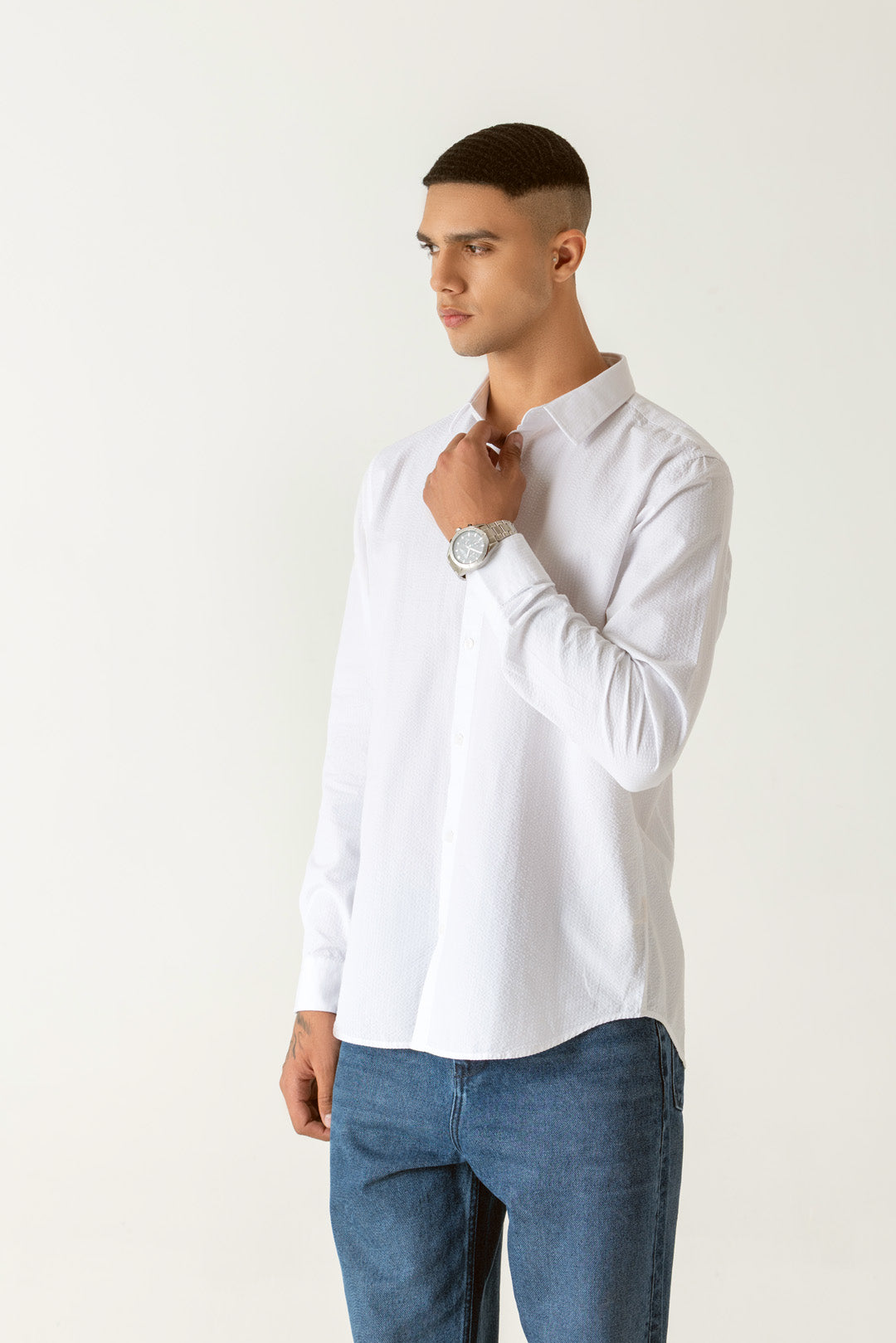 Seersucker Cotton White Regular Fit Shirt