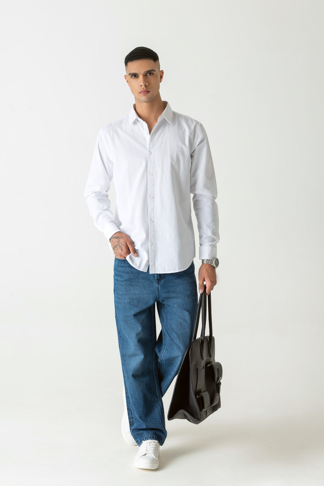 Seersucker Cotton White Regular Fit Shirt