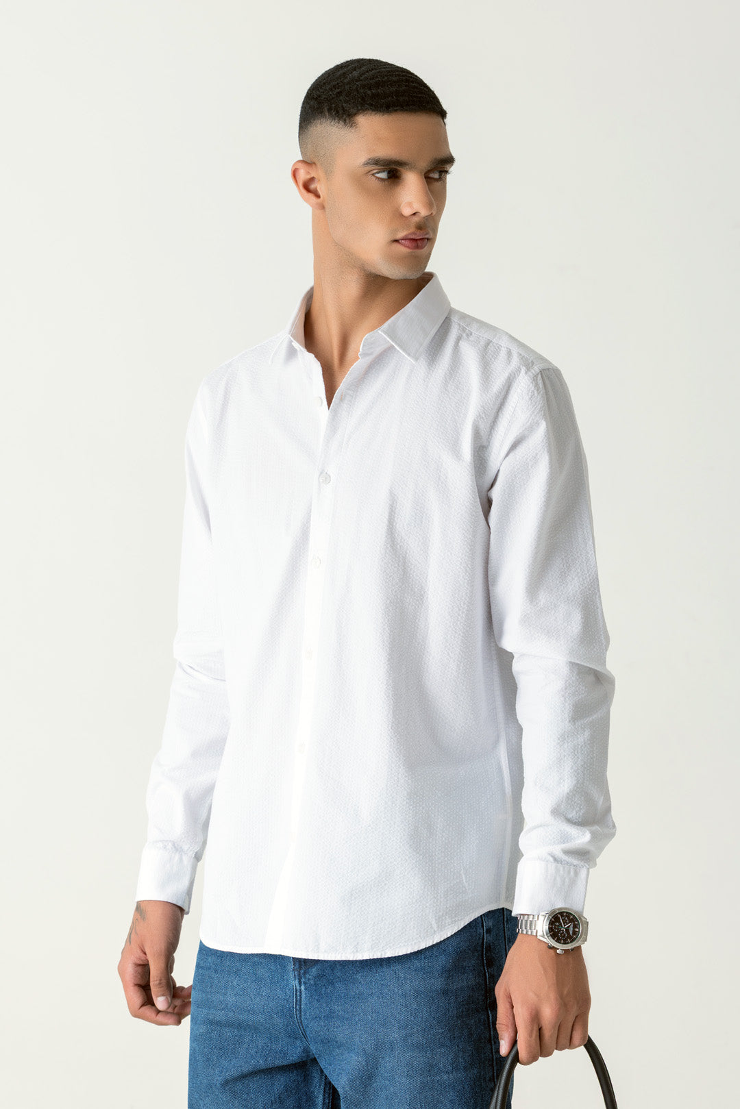Seersucker Cotton White Regular Fit Shirt