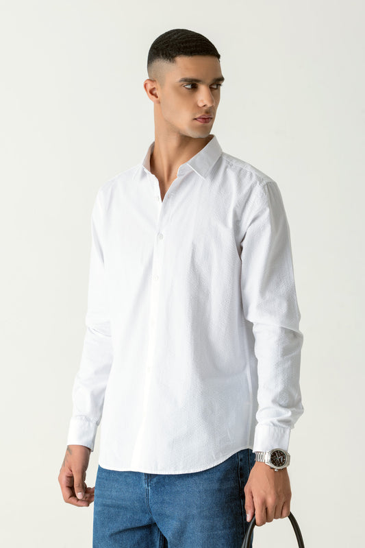 Seersucker Cotton White Regular Fit Shirt